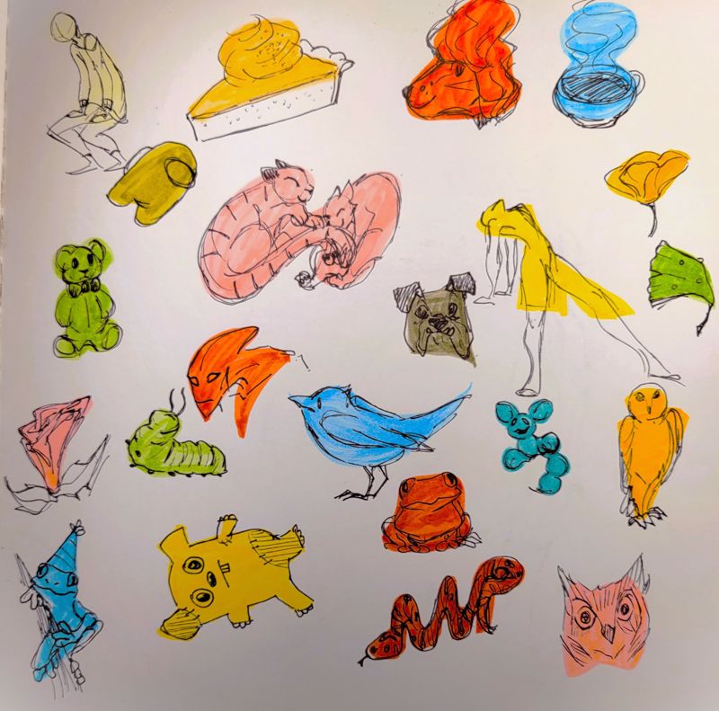 white page full of colorful splotches that have been drawn over with pen to create various figures, animals, and objects